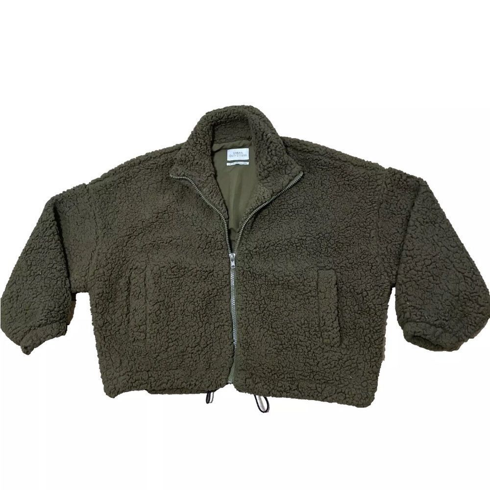Urban Outfitters Deep Pile Sherpa Fleece Jacket Women L Green Outdoor Boho Crop
